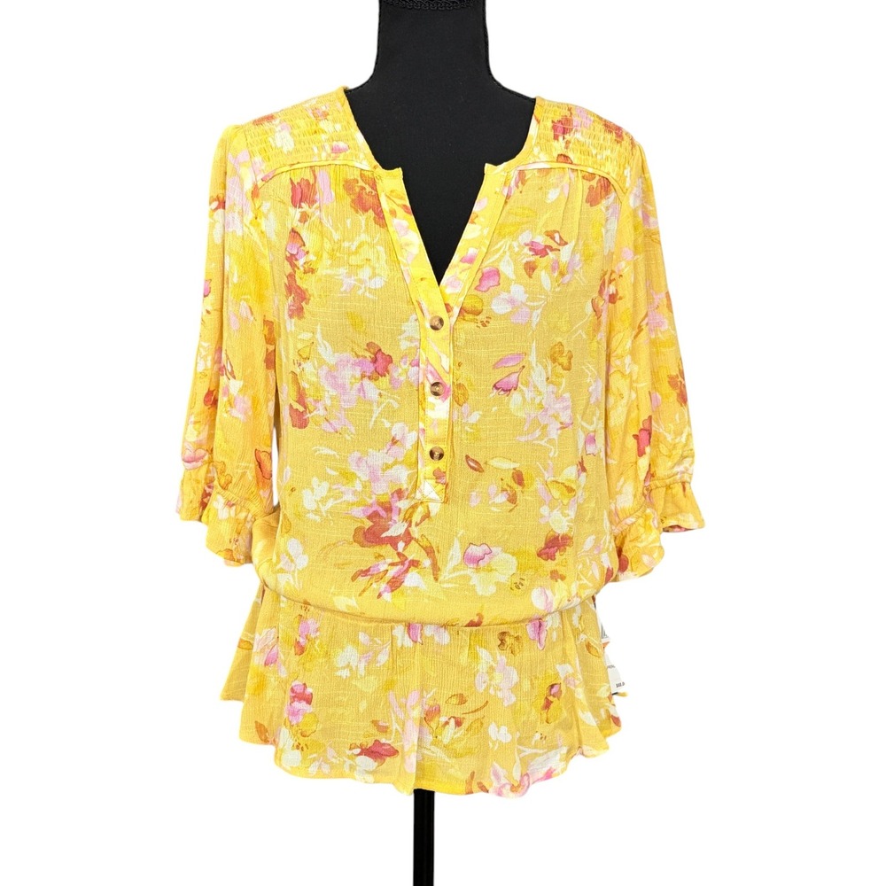 Democracy Floral Smocked Peplum Blouse S Yellow 3/4 Sleeve Cottagecore Prairie
